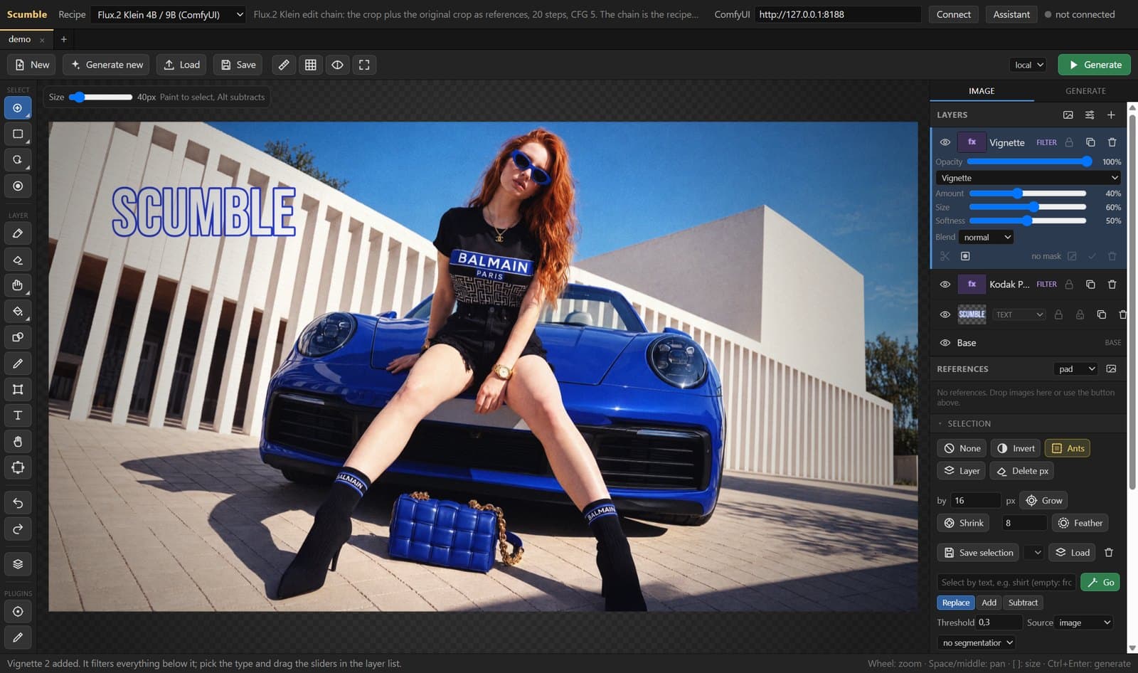 The layer stack: a vignette and a film look as filter layers, a text layer and the base image